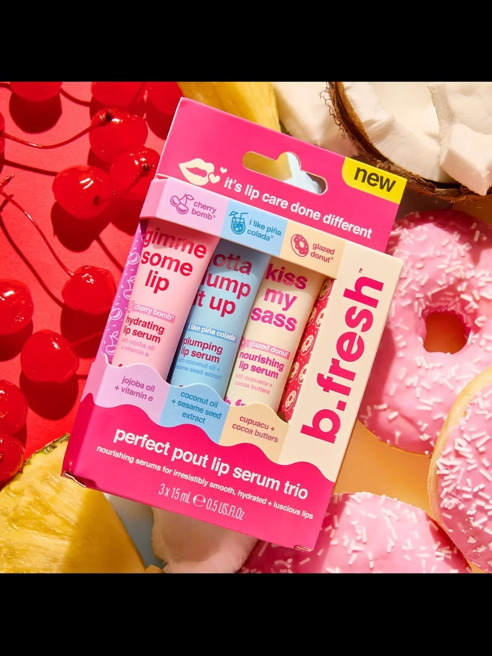 B Fresh Perfect Pout Lip Serum Trio + New  Pink Plush Bow Makeup Apply Headband